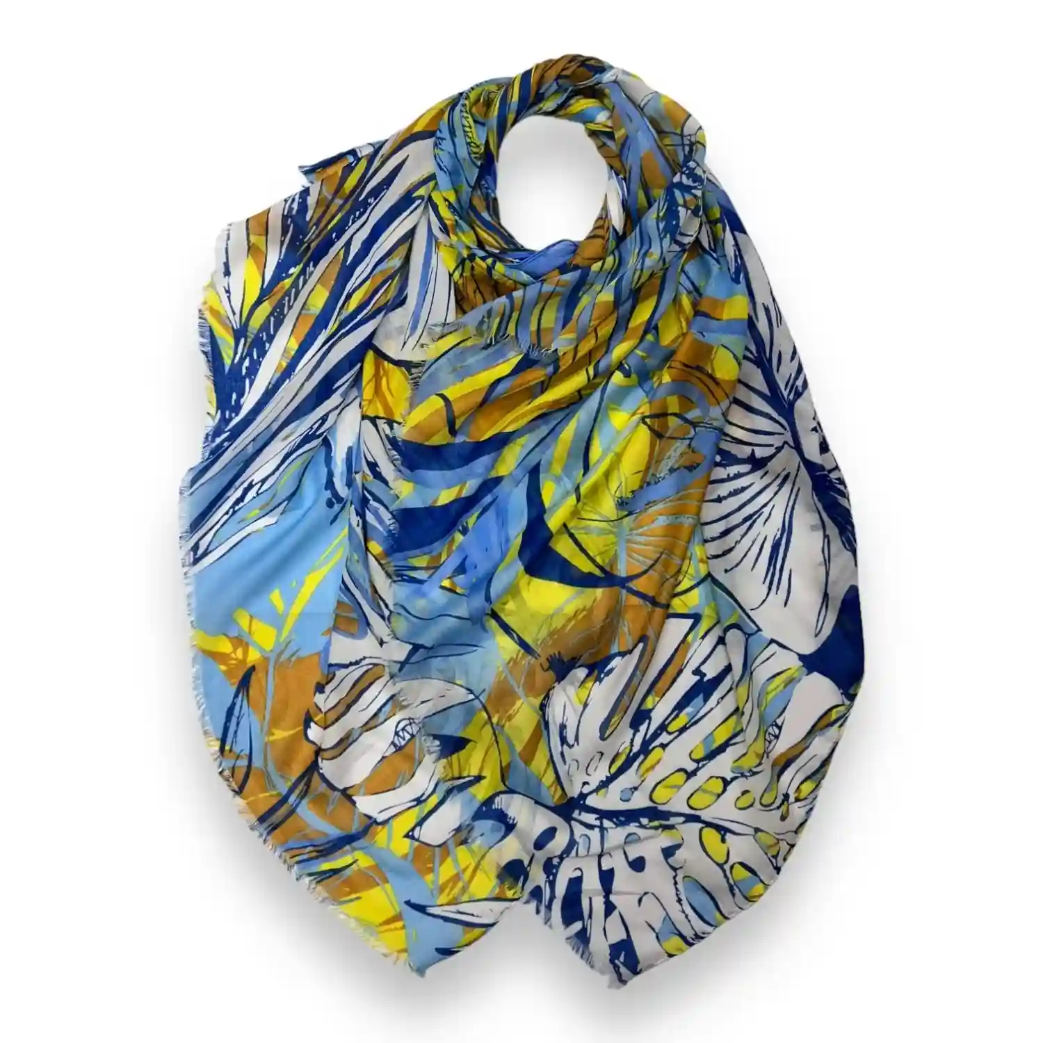 Tørklæde med palmeblade i blå, gul, orange og hvid