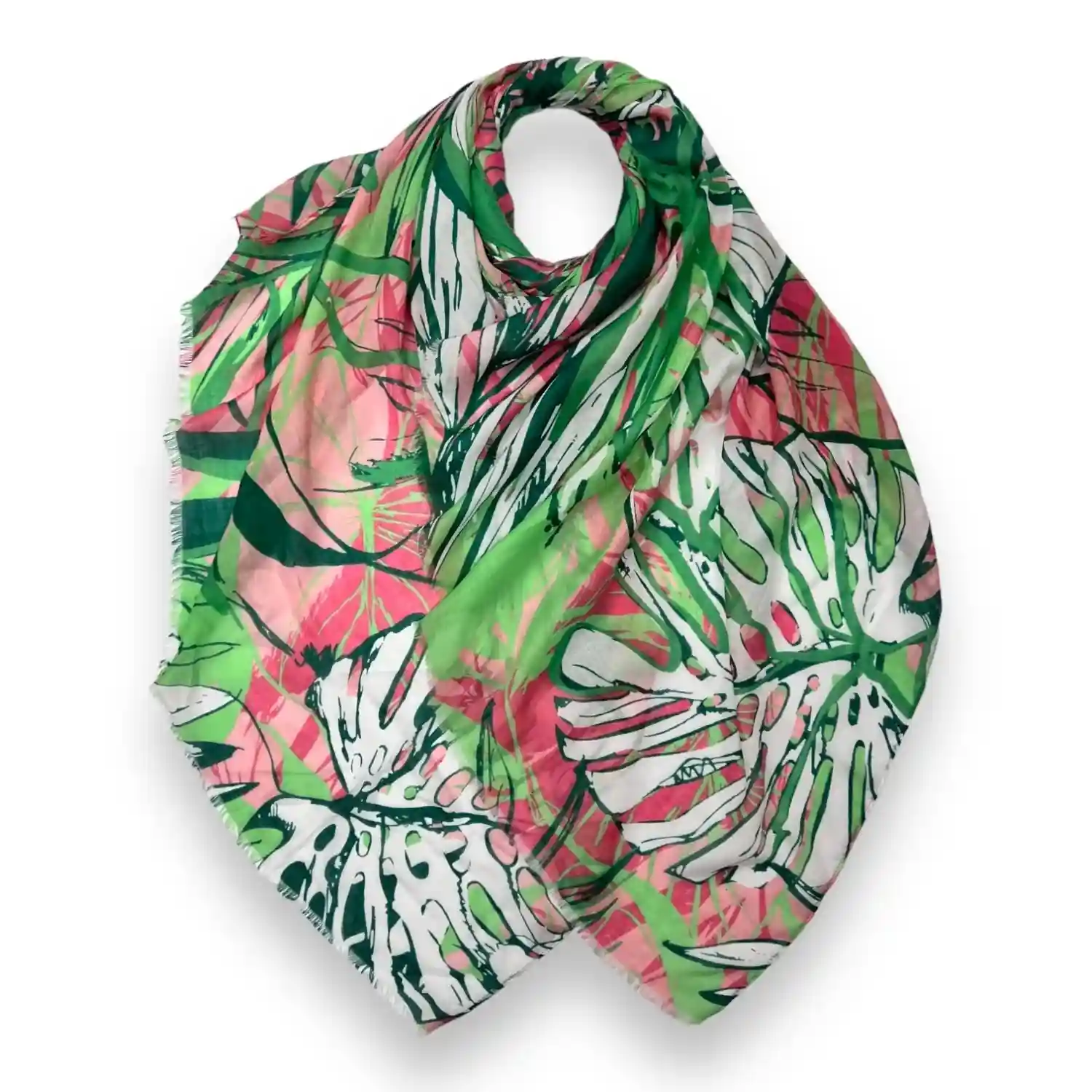 Tørklæde med palmeblade som motiv i grøn, pink, lyserød og hvid baggrund