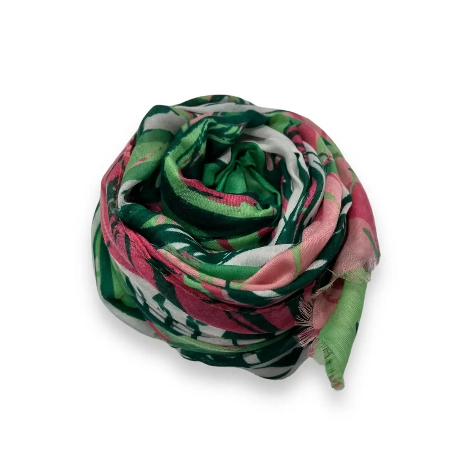 Tørklæde med palmeblade som motiv i grøn og andre flotte farver