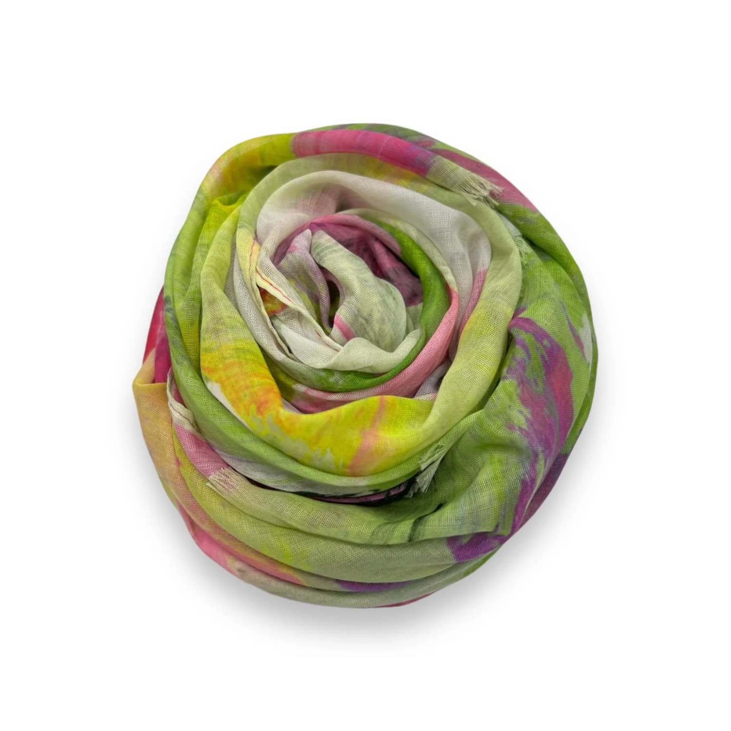 Tørklæde i abstrakt mønster og farverne pink, gule og grønne nuancer