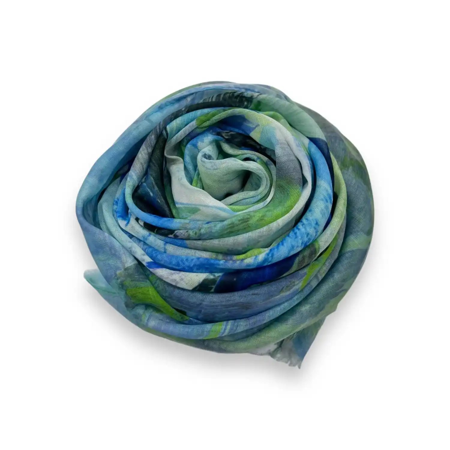 Tørklæde i blå og grønne nuancer med abstrakt mønster