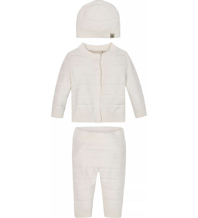 Calvin Klein Sæt - Cardigan/Bukser/Hat - Rib Strik - Ivory